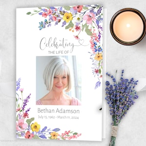 Editable Funeral Program Template Wildflowers, Yellow Pink Purple Floral Memorial Service Program, Obituary Program, Celebration Of Life
