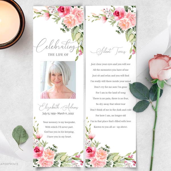 Editable Funeral Bookmark Template, Printable Funeral Bookmark, Pink Roses Floral Memorial Bookmark, Bookmark Memorial Keepsake, F-MILLIE