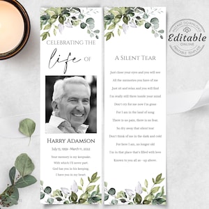 Editable Funeral Bookmark Template, Printable Funeral Bookmark, Greenery Memorial Bookmark, Bookmark Memorial Keepsake, F-ALEX