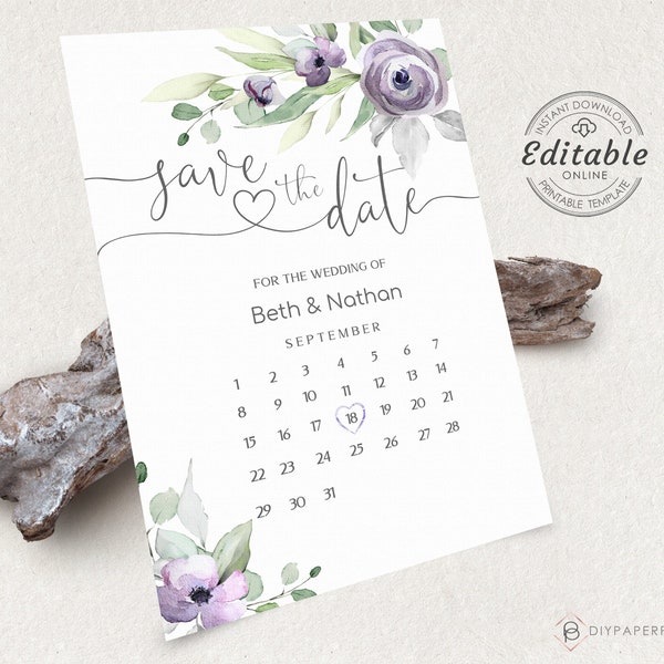 Purple Wedding Save the Date Template, Save the Date Calendar card, Printable Instant Download, 100% Editable Text, Lilac floral, SUZY