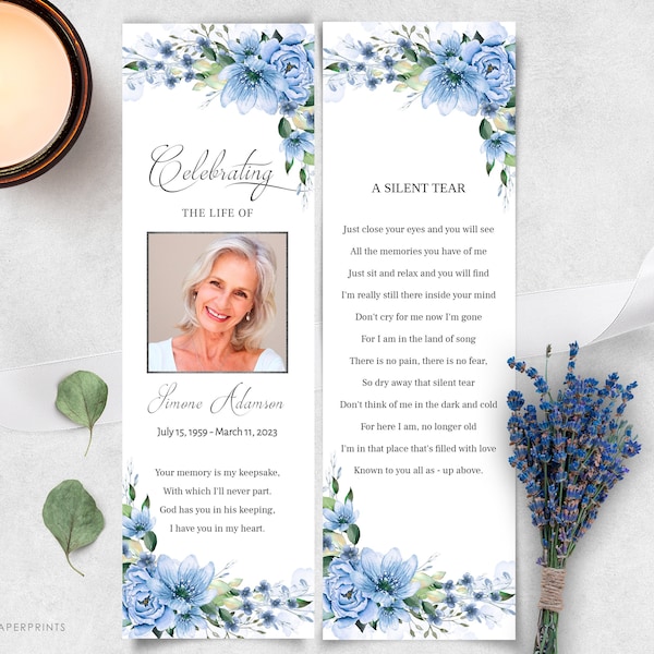 Blue Funeral Bookmark Template, Editable, DIY Printable Funeral Bookmark, Floral Memorial Bookmark, Bookmark Memorial Keepsake, F-BELLE