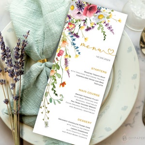 Wildflower Menu Card, Floral Menu Template, wild flowers Editable Wedding Menu, Printable Instant Download, Bohemian Wedding, Boho, W-WANDA