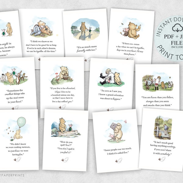 Klassische Winnie Pooh Zitat 12 Winnie Pooh Sofortiger Download Digital Bundle 5 "x 7" Baby-Dusche-Geburtstags-Herzstück-Party-Dekoration-WPQC01