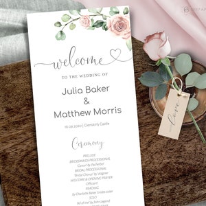 Pink Floral Wedding Program Template, Pink Roses, Printable Order of Service, INSTANT DOWNLOAD, Editable, Printable Template, W-CARMEN