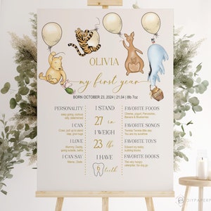 Winnie the Pooh First Birthday Milestone Classic Pooh 1st Birthday Milestone Poster My First Year Sign, PoohBear Vintage Gender Neutral WP1N