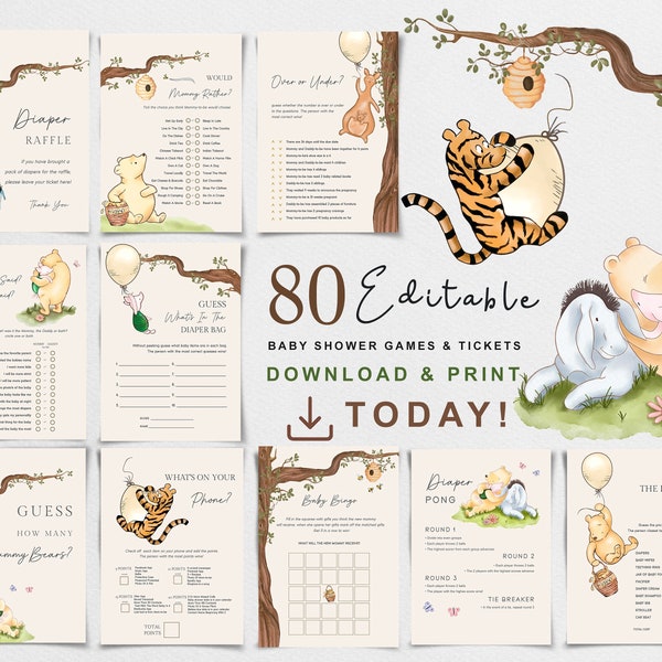 Winnie the Pooh Baby Shower Games Bundle Classic Vintage Winnie Bear Digital Game Gender Neutral Bingo Editable Printable Card Girl Boy WP