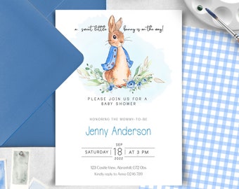 Peter Rabbit Baby Shower Invitation, Blue Editable Printable Baby Bunny Invite, It's a Boy Party, Spring Garden Party, Instant Download PRBS