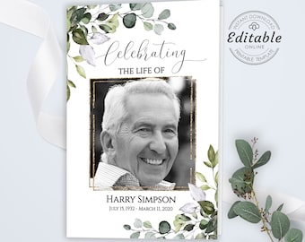 Editable Funeral Program Template, Greenery Eucalyptus Funeral, Printable Funeral Program, Celebration of Life Funeral Program, F-ALEX