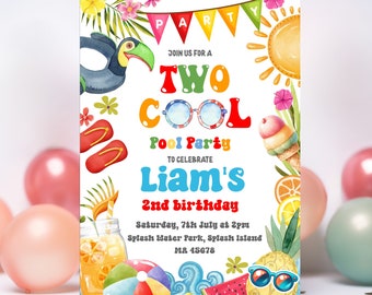 May include: A colorful invitation for a pool party to celebrate Liam's 2nd birthday. The invitation features a tropical theme with a toucan, sunglasses, flip flops, a pineapple, watermelon, and a beach ball. The text reads "Join us for a Two Cool Pool Party to celebrate Liam's 2nd birthday. Saturday, 7th July at 2pm Splash Water Park, Splash Island M8 45678."