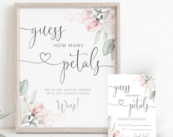 Guess How Many Petals Sign and Cards Printable, Pink Floral Bridal Shower, Wedding Bachelorette Hen Party, Instant Download, W-IZZY