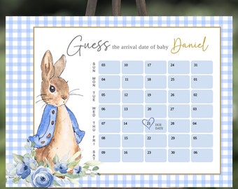 May include: A blue and white gingham background with a calendar for guessing the arrival date of a baby. The calendar has a due date marked with a heart and the name Daniel. A watercolor illustration of a rabbit wearing a blue jacket is on the left side of the calendar.