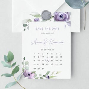 Purple Wedding Save the Date Template, Save the Date Calendar card, Printable Instant Download, 100% Editable Text, Boho, Lilac floral, SUZY