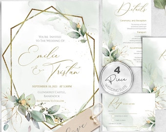 Greenery Wedding Invitation Template, Gold Geometric Design (Instant Download)