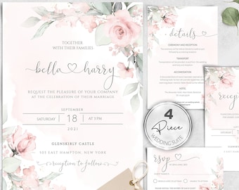 Wedding Invitation Template Suite, Blush Pink 4 Piece Wedding Invitation Set, Instant download, Editable, Printable wedding invite  IZZY1
