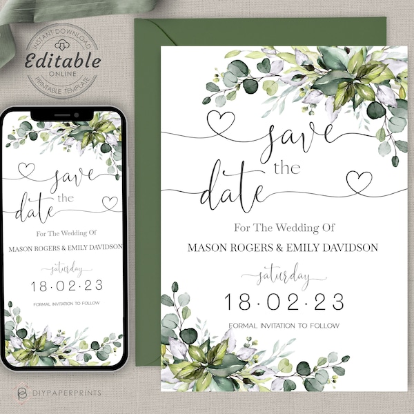 Save The Date Printable and Evite Template, Electronic Greenery Eucalyptus Digital Download, Smartphone, Editable Instant Download  ALEX