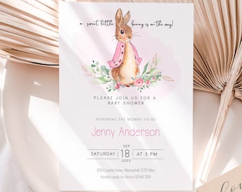 May include: A baby shower invitation featuring a watercolor illustration of a bunny wearing a pink jacket, surrounded by flowers and greenery. The invitation includes the text "a sweet little bunny is on the way!" and details for the event.