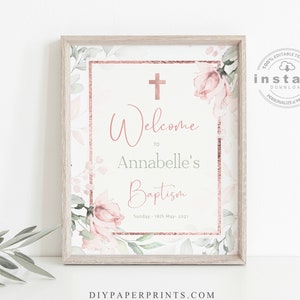 Editable Baptism Welcome Sign | Rose Gold Greenery Baptism Decoration Girl  Christening Sign | Welcome Sign | Church Decor | SML IZZY