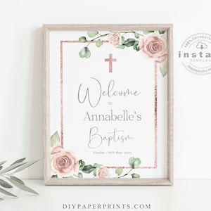 Editable Baptism Welcome Sign | Rose Gold Greenery Baptism Decoration Girl  Christening Sign | Welcome Sign | Church Decor | SML CARMEN