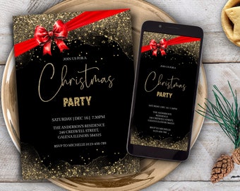 Könnte beinhalten: Eine schwarze und goldene Weihnachtsfeier-Einladung mit einer roten Schleife und Glitzer. Die Einladung lautet "Join us for a Christmas Party" und enthält Datum, Uhrzeit, Ort und RSVP-Informationen.