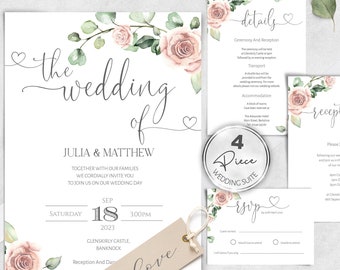 Boho Pink Roses Wedding Invitation Template Set (Instant Download)