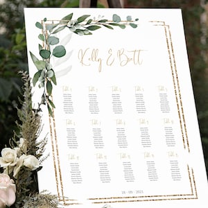 Greenery Wedding Seating Chart Template, Table Plan template, Editable Printable Seating Chart, Gold Geometric, INSTANT DOWNLOAD, W-AMY