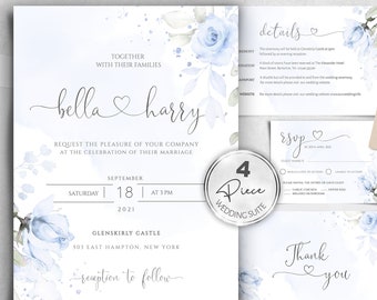 Blue Wedding Invitation Template Suite, 4 Piece Wedding Invitation Set, Instant download, Editable, Printable wedding invite, W-IZZY BL