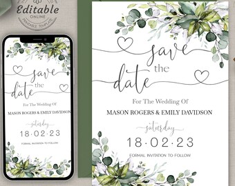 Save The Date Printable and Evite Template, Electronic Greenery Eucalyptus Digital Download, Smartphone, Editable Instant Download  ALEX