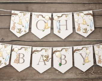 May include: A Winnie the Pooh themed baby shower banner with the letters "OH BABY" in brown on a white background. The banner features Winnie the Pooh, Tigger, Piglet, and Eeyore characters holding balloons.