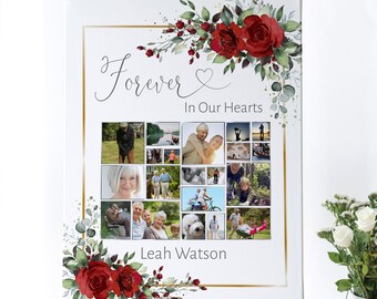 Puede incluir: Una impresión en lienzo blanco con un marco dorado y acentos florales rojos. La impresión presenta un collage de fotos con el texto "Forever In Our Hearts" y "Leah Watson".