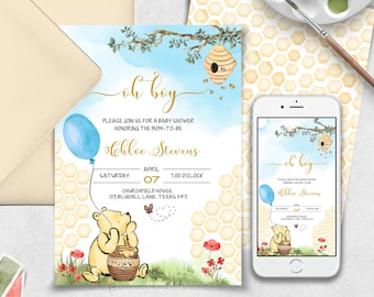 Winnie the Pooh Baby Shower Invitation, Watercolor Balloons (Digital Printable)