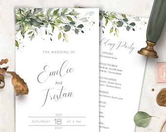 May include: Wedding ceremony program with a green and gold floral design. The program includes the names Emilie and Tristan, the date September 18, 2021, and the time 3 PM. The program also includes a list of the wedding party.