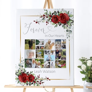Red Funeral Welcome Sign, Photo Memorial Service Sign, Collage Memorial Sign, Forever in our Hearts, Funeral Photo Collage, F-BIRNIE
