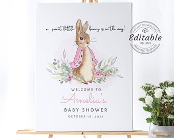 May include: A white baby shower sign with a watercolor illustration of a bunny wearing a pink jacket. The sign says "a sweet little bunny is on the way!" and "Welcome to Amelia's Baby Shower October 18, 2021".