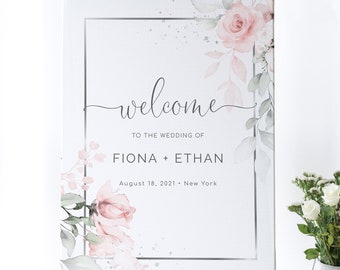 Wedding Welcome Sign Template, Pink and Silver Bridal Shower, Instant Download, Printable Poster, Editable Text, Custom Wedding sign, W-IZZY