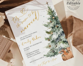 May include: A white invitation with gold lettering for a holiday bridal shower. The invitation features a watercolor illustration of a Christmas tree with gold ornaments and a gold heart. The text reads "Tis the season to be married!" and includes the bride's name, date, time, and location.
