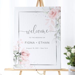 Wedding Welcome Sign Template, Pink and Silver Bridal Shower, Instant Download, Printable Poster, Editable Text, Custom Wedding sign, W-IZZY