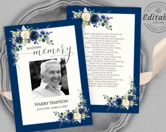 May include: A blue and white floral memorial card with a photo of a man and the text "In loving memory" and "Harry Simpson, July 15, 1932 - March 11, 2023". The card also includes a poem about remembering a loved one.
