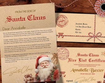 May include: A vintage-style Santa Claus certificate with a red ribbon and the text "Santa Claus Nice List Certificate" in red lettering. The certificate is addressed to Annabelle Baxter and states "On My Nice List 2023". A watercolour illustration of Santa Claus is in the bottom right corner.