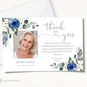 Funeral Thank You Card Template, Blue Floral Thank You Notes, INSTANT DOWNLOAD, Editable Memorial Card, Celebration Of Life, F-NADIA
