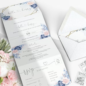 Folded Wedding Invitation Template, Printable, Editable Concertina invite, Tri Fold, Accordion, Folded invite, Blue wedding, ELANNA