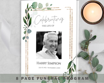 Greenery Funeral Program Template: Editable Memorial Service (Digital Download)
