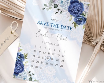 Wedding Save the Date Template, Save the Date Calendar card, Printable Instant Download, Editable Template, Navy Blue, W-DANA