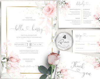 Pink Wedding Invitation Template, Details and rsvp, DIY Instant download, Printable wedding invitation, Pink Floral, W-IZZY