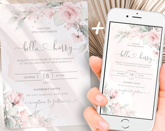 Wedding Invitation and Evite Template, Pink Floral & Greenery Editable Printable Wedding Digital Download, Electronic Template, W-IZZY