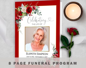 8 Page Funeral Program Editable Obituary Funeral In loving memory Template Memorial Service Red Roses Memorial Order Of Service  F-MARIA3