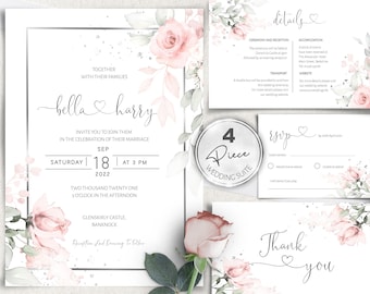 Pink Wedding Invitation Template, Details and rsvp, DIY Instant download, Printable wedding invitation, Pink and Silver Floral, W-IZZY