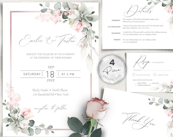 Rose Gold Floral Wedding Invitation Template Set (Digital Download)