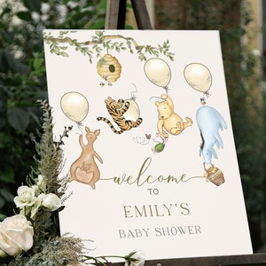 Winnie the Pooh Baby Shower Welcome Sign Classic Winnie Welcome Sign Pooh Bear Template Vintage Watercolor Animals Gender Neutral WP1N