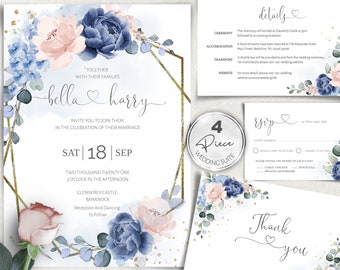 May include: Wedding invitation suite with a blue and pink floral design. The invitation features a gold geometric frame and the text "bella harry" with a heart symbol. The RSVP card includes a floral design and the text "RSVP" with a heart symbol. The details card includes the text "details" with a heart symbol.