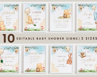 Könnte beinhalten: Zehn druckbare Babyparty-Schilder mit Winnie Puuh-Charakteren. Die Schilder sind in einem hellblauen und gelben Farbschema mit einem Aquarellhintergrund gehalten. Die Schilder enthalten Text wie "Foto-Booth", "Karten und Geschenke", "Windel-Tombola", "Getränke", "Ein kleines Leckerli", "Mimosa-Bar", "Babys sind süß" und "Foto-Gästebuch".